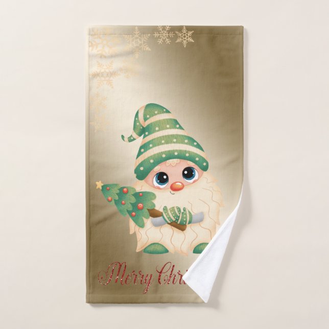 Gnome,Pine Tree, Snowflakes,Gold Christmas Bath Towel Set (Hand Towel)
