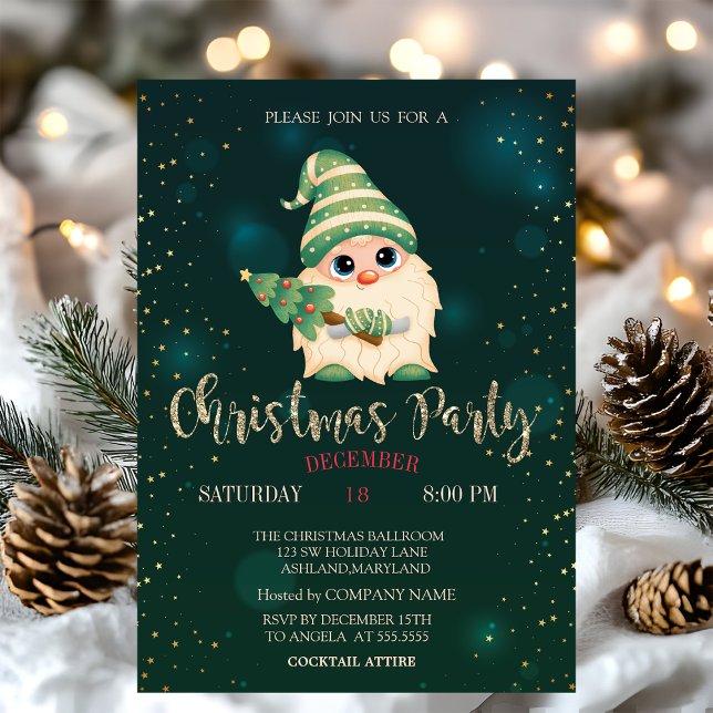Gnome Pine Tree,Stars Christmas Company Party Invitation (Creator Uploaded)