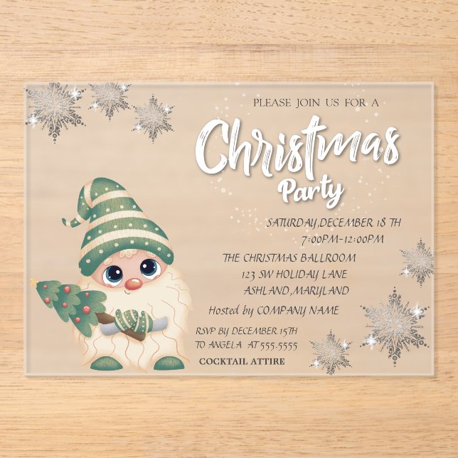 Gnome PineTree Bokeh Corporate Christmas Party Acrylic Invitations (Front)