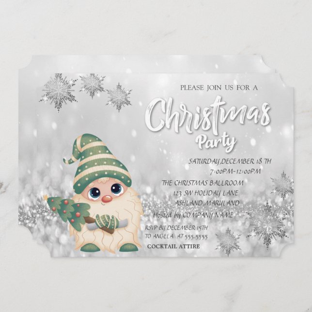 Gnome PineTree Bokeh Corporate Christmas Party Invitation (Front/Back)