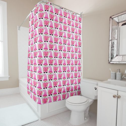 Gnome Pink Hearts Woodland Scandinavian Cute Shower Curtain