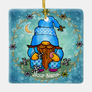 Gnome playing jacks ceramic ornament