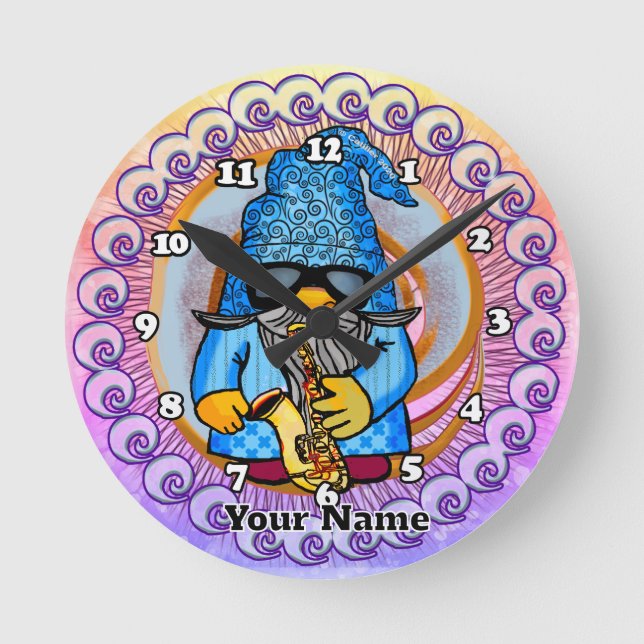 gnome playing saxophone round clock (Front)
