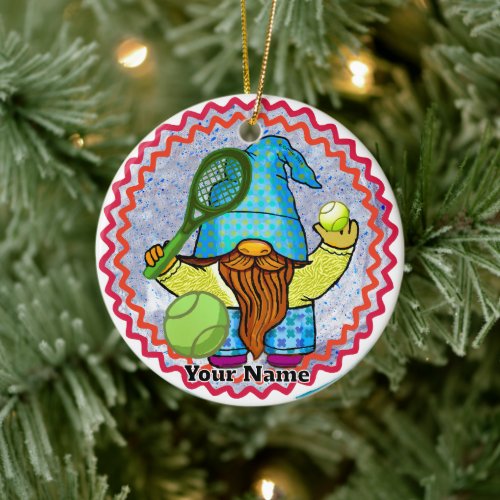 Gnome Playing Tennis  Ceramic Ornament