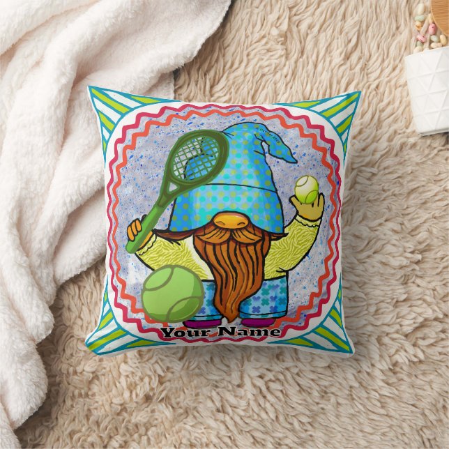 Gnome Playing Tennis Throw Pillow (Blanket)