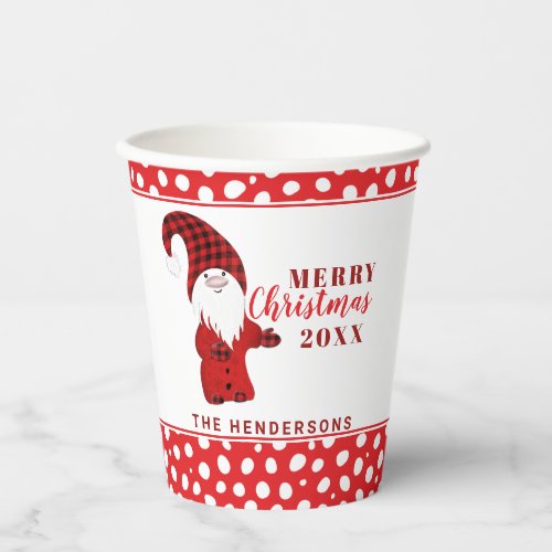 Gnome Polka Dots Personalized Red Merry Christmas Paper Cups