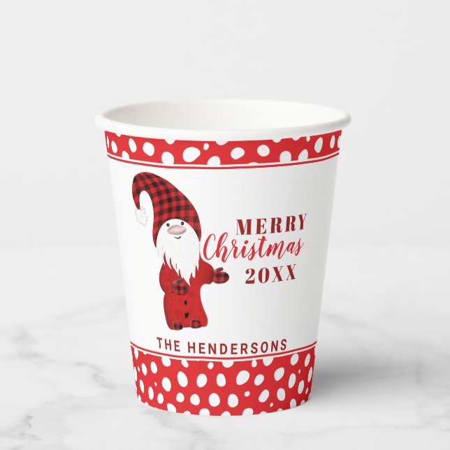 Gnome Polka Dots Personalized Red Merry Christmas Paper Cups (Front)