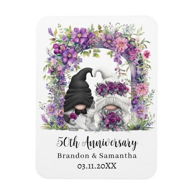 Gnome Purple Floral 50th Wedding Anniversary Magnet (Vertical)