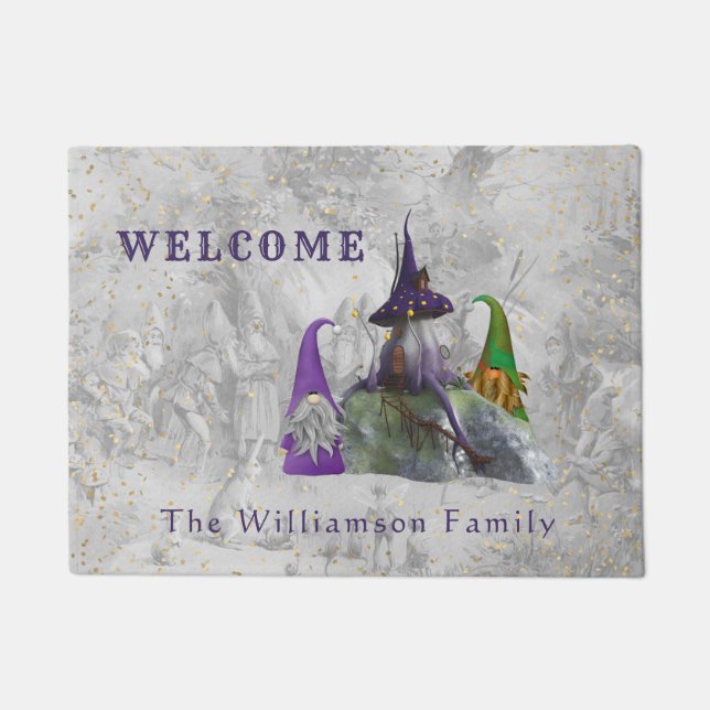 Gnome Purple House Gold Confetti Welcome Doormat (Front)