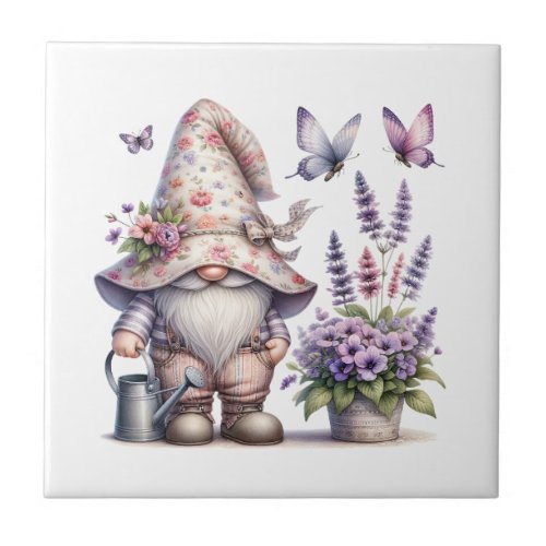 Gnome Purple Pink Flowers Lavender Butterflies Ceramic Tile