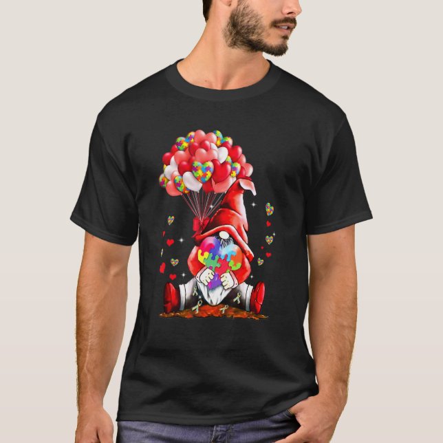 Gnome Puzzles Balloon Heart Autism Awareness Valen T-Shirt (Front)