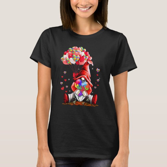 Gnome Puzzles Balloon Heart Autism Awareness Valen T-Shirt (Front)