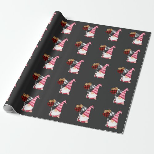 Gnome Red Black Leopard Balloon Valentines Day Wrapping Paper