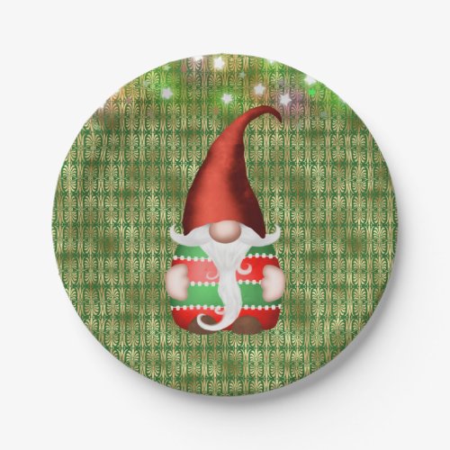 Gnome Red Green Gold Lights Christmas Paper Plates