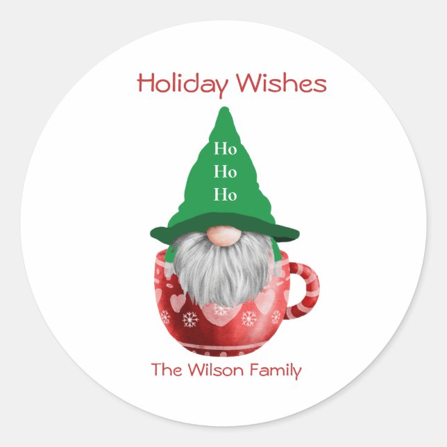 Gnome Red Green Holiday Wishes Personalized  Classic Round Sticker (Front)