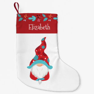 Gnome Red Modern Leaf Border Holiday Name Cute Small Christmas Stocking