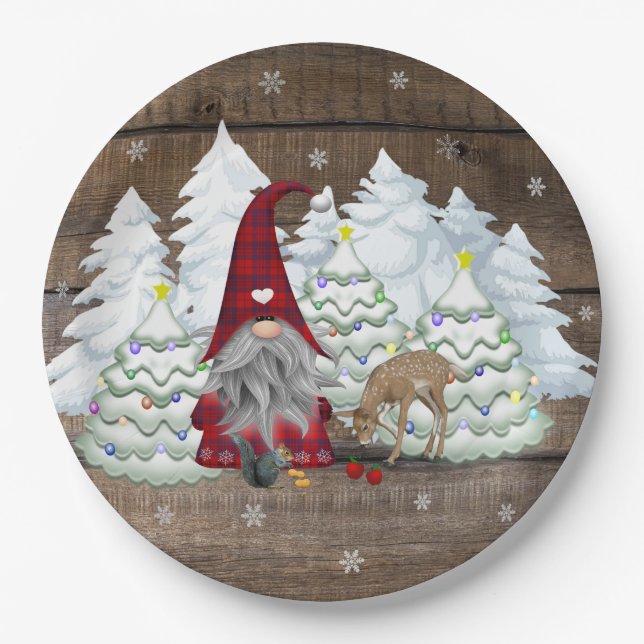 Gnome Red Plaid Squirrel Christmas Tree Deer Paper Plates (Front)