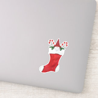 Gnome Red Tall Hat Christmas Stocking Candy Canes Sticker