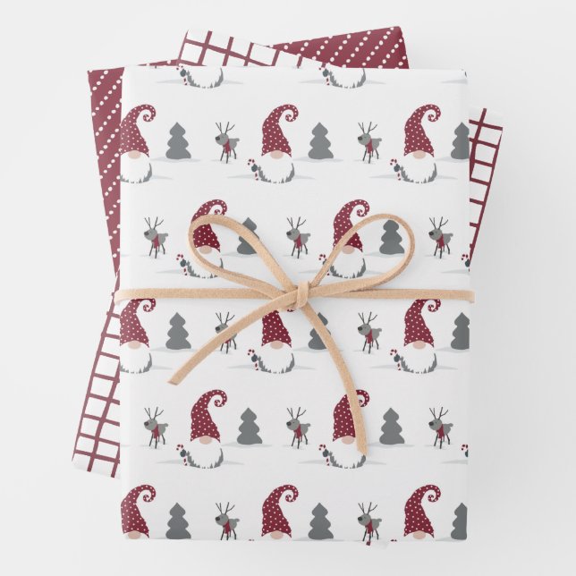 Gnome & reindeer, grid and dots Scandinavian  Wrapping Paper Sheets (In situ)