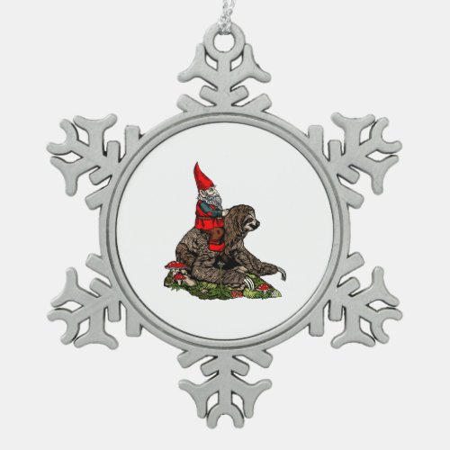 Gnome Riding a Sloth   Snowflake Pewter Christmas Ornament