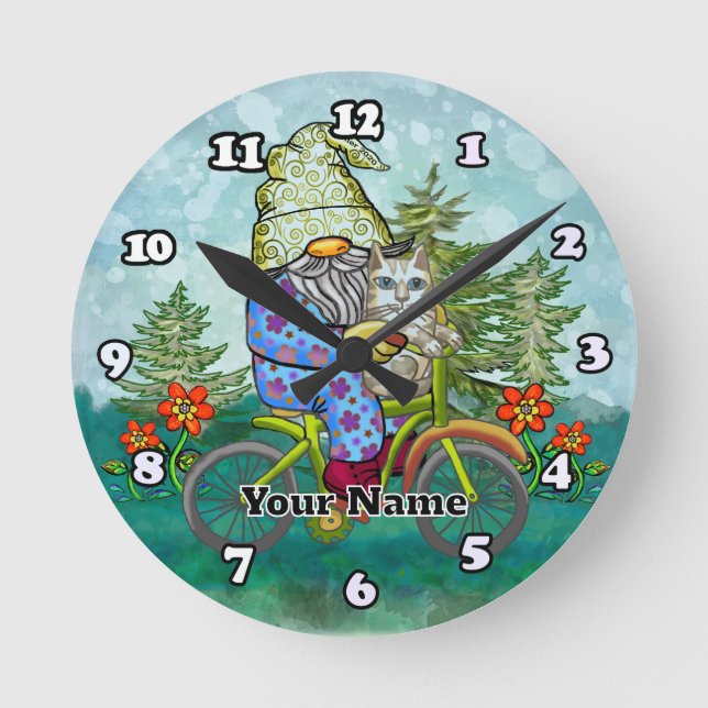 Gnome Riding Bike Round Clock (Front)