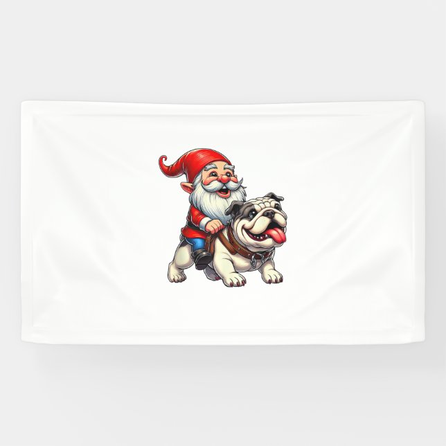Gnome Riding English Bulldog Christmas Xmas Boys G Banner (Horizontal)