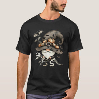 Gnome Riding Skeleton Dinosaurs Pumpkin Funny Tric T-Shirt