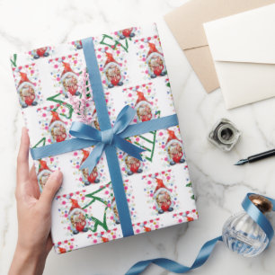 Gnome Santa With Background Christmas Trees Wrapping Paper