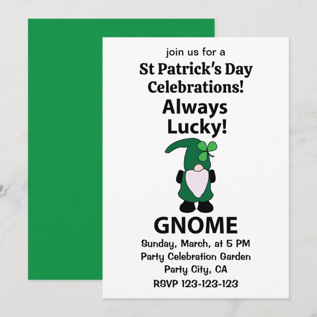 Gnome Shamrock Lucky St Patricks Day Gnome Invitation (Front/Back)