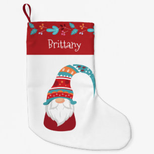 Gnome Simple Modern Leaf Border Holiday Name Cute Small Christmas Stocking