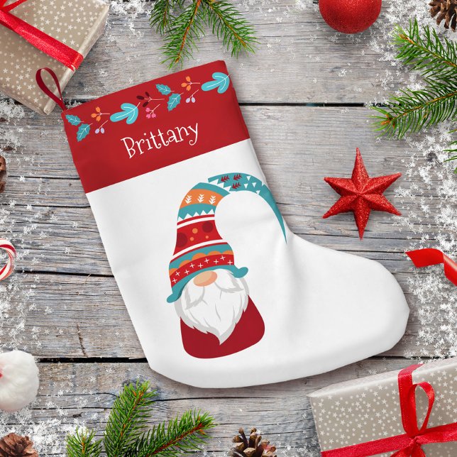 Gnome Simple Modern Leaf Border Holiday Name Cute  Small Christmas Stocking (Creator Uploaded)