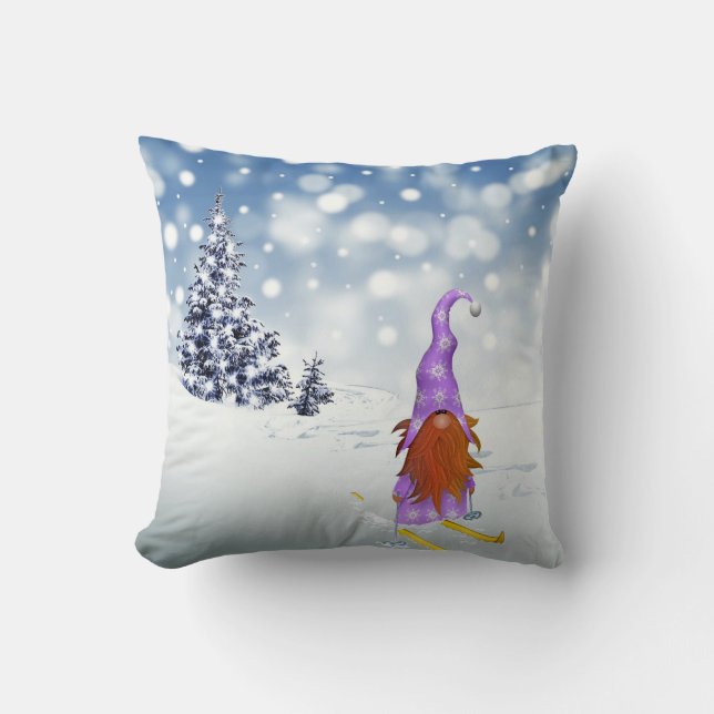 Gnome Skier Throw Pillow (Front)