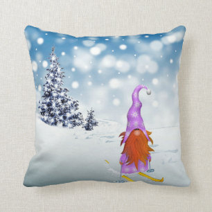 Gnome Skier Throw Pillow