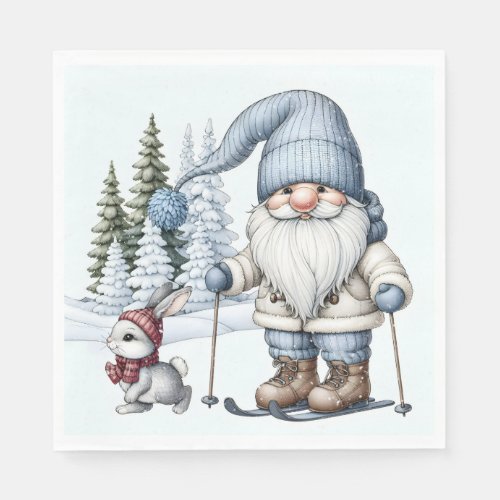 Gnome Skiing With a Bunny In Snowflakes Napkins