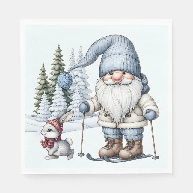 Gnome Skiing With a Bunny In Snowflakes Napkins (Front)