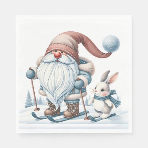 Gnome Skiing With a Bunny In Snowflakes Napkins
