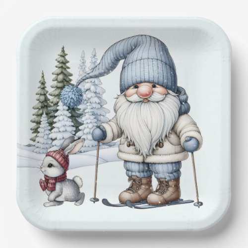 Gnome Skiing With a Bunny In Snowflakes Paper Plates