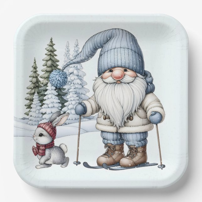 Gnome Skiing With a Bunny In Snowflakes Paper Plates (Front)
