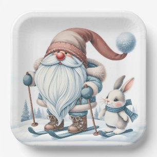 Gnome Skiing With a Bunny In Snowflakes Paper Plates