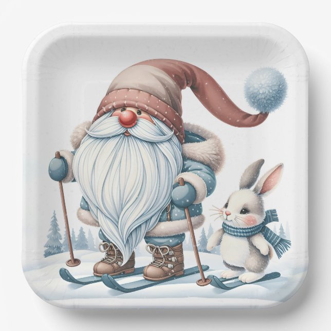 Gnome Skiing With a Bunny In Snowflakes Paper Plates (Front)