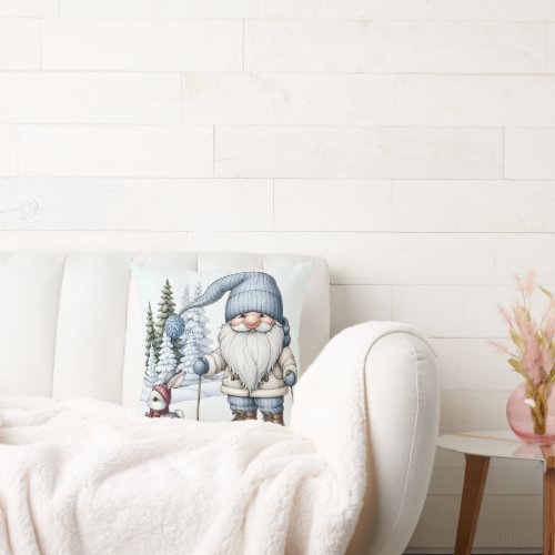 Gnome Skiing With a Bunny Throw Pillow