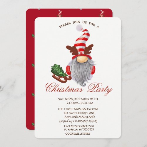 Gnome Sleigh Pine Tree Red  Christmas Party  Invitation