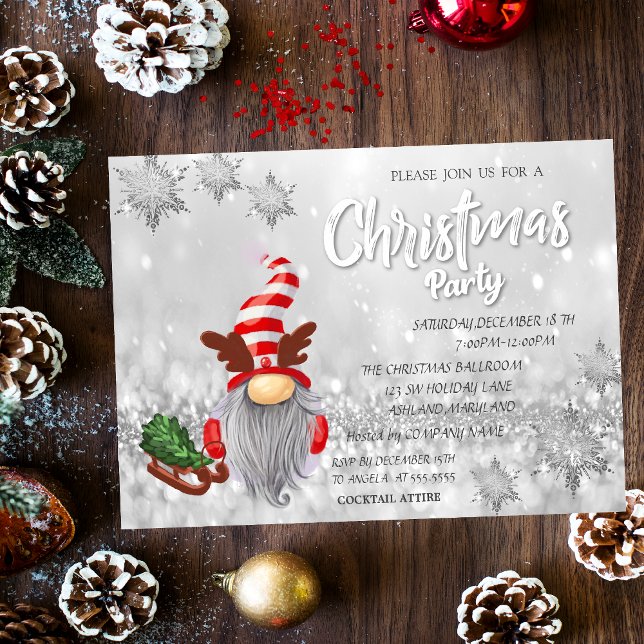Gnome Sleigh PineTree Bokeh Christmas Party  Invitation (Creator Uploaded)