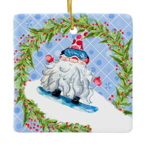 Gnome Snow Boarding with Wreath Ceramic Ornament