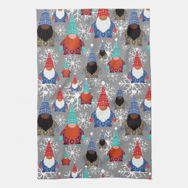 Gnome Snowflake Illustrations Christmas Pattern Kitchen Towel (Vertical)