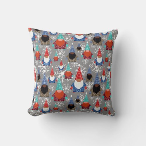 Gnome Snowflake Illustrations Christmas Pattern Throw Pillow