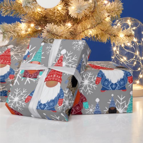Gnome Snowflake Illustrations Christmas Pattern Wrapping Paper
