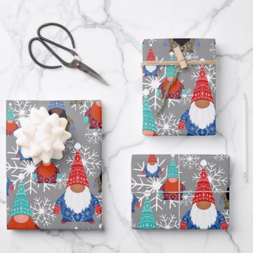 Gnome Snowflake Illustrations Christmas Pattern Wrapping Paper Sheets