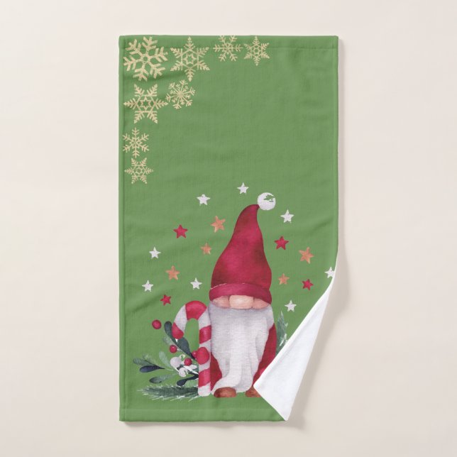 Gnome,Snowflakes,Green Holiday Bath Towel Set (Hand Towel)