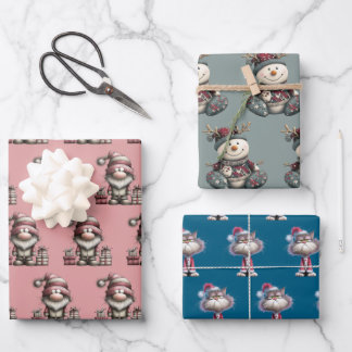 gnome, snowman, cute tired santa elf cat wrapping paper sheets